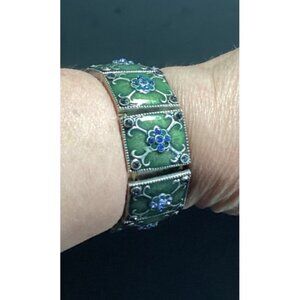 Silver Tone Metal and Olive Green Enamel Panel Stretch Bracelet Blue Rhinestones